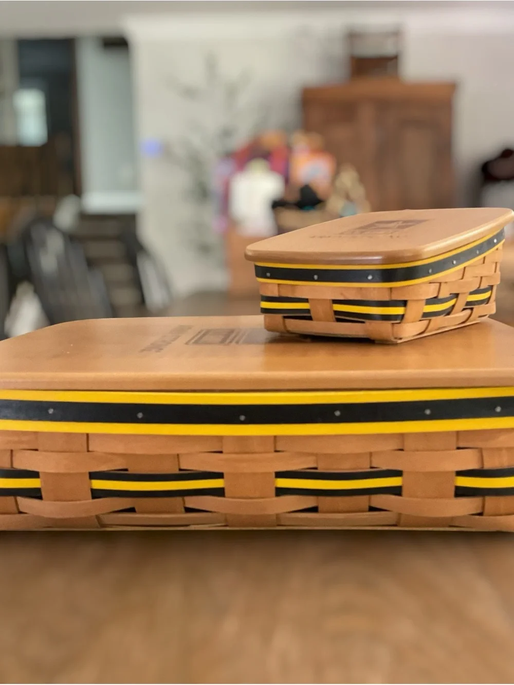 Rare Longaberger American Valor Wood Lid Baskets Yellow & Black Trim Set of 2